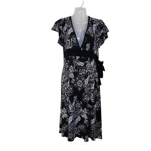 Studio 1940 Sleeveless Floral Fit & Flare Dress Stretch Size Large Black White